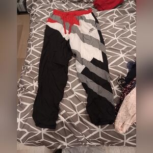 Nike Black, Gray, and Red Vintage Style Windbreak Pants Mens Medium